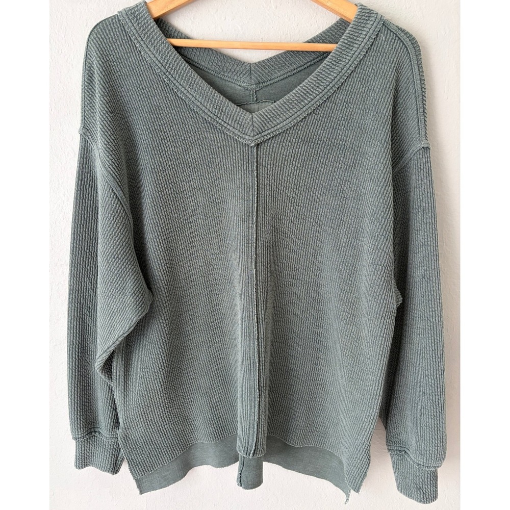 Aerie Wonder Textured V-Neck Oversized Sweatshirt Top S Green Royal Palm Slouchy